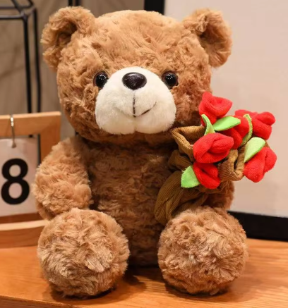 Flower Hugging Love Teddy Bear - Cute Anime Plush Toy Gift 16cm.